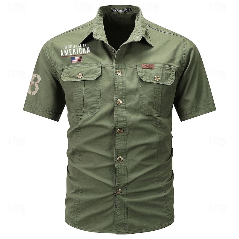 Men's Flag American US Flag Letter Printed Work Shirt Western Shirt Cargo Shirt Short Sleeve Casual Tactical Going out Summer Turndown Buttons Print Black Army Green Dark Blue Gray3