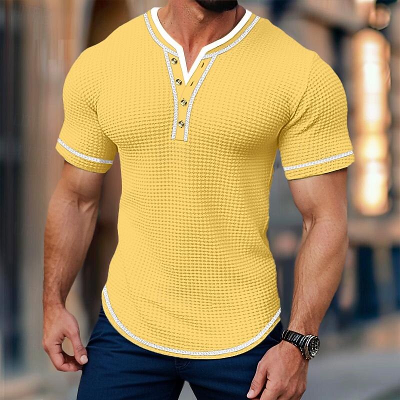 Men's Waffle Shirt V Neck Tee Short Sleeve Shirt Tee Top Solid Color Henley Outdoor Street Short Sleeve Patchwork Button Clothing Apparel Daily4