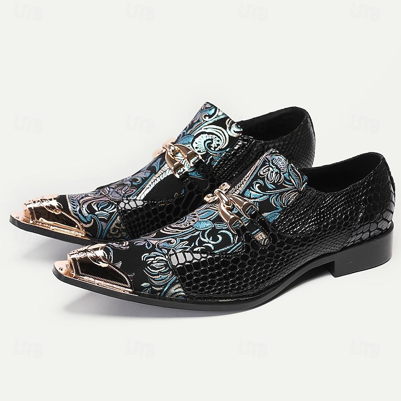Men's Premium Cowhide Leather Punk Style Loafers - Floral Embroidered Slip-On Shoes with Metal Toe Cap and Buckle3