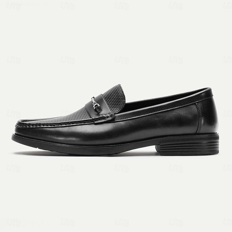 Men's Black Perforated Leather Dress Loafers with Braided Detail - Elegant Office Footwear4