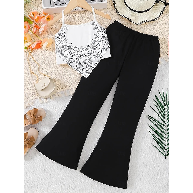 2 Pieces Kids Girls' Cartoon Halter Tank & Pants Set Sleeveless Fashion School 7-13 Years Summer White