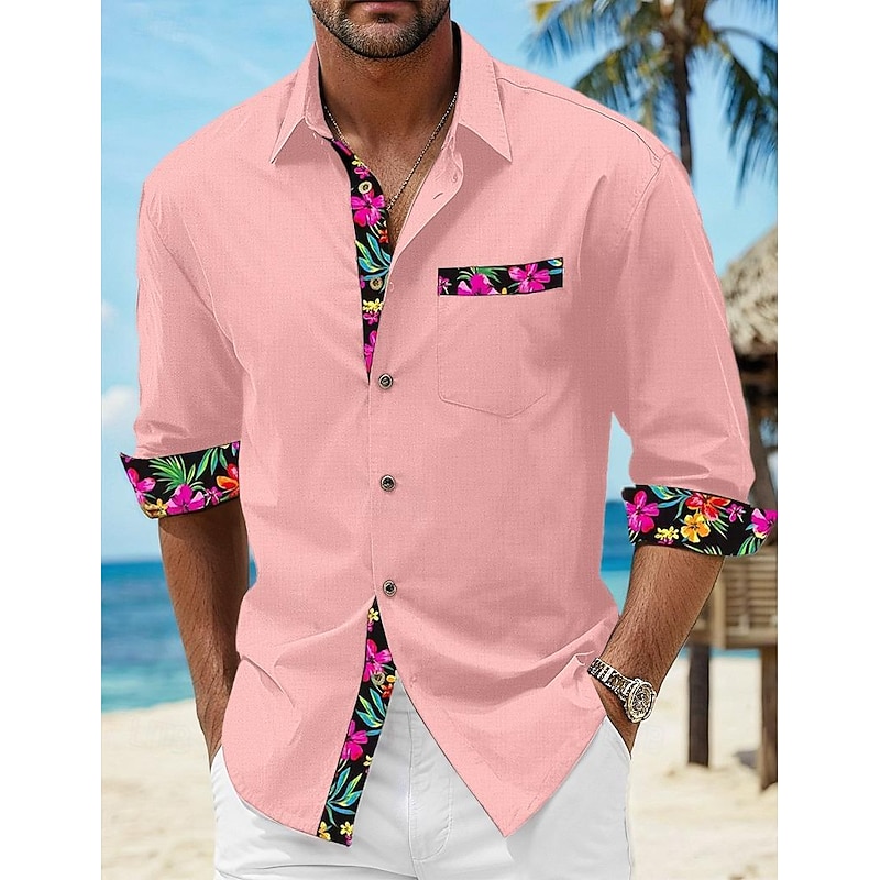 Men's Shirt Linen Shirt Summer Shirt Beach Wear Button Up Shirt Floral Vacation Curise Black White Pink Blue Long Sleeve Lapel Spring &  Fall Clothing Apparel Splice3