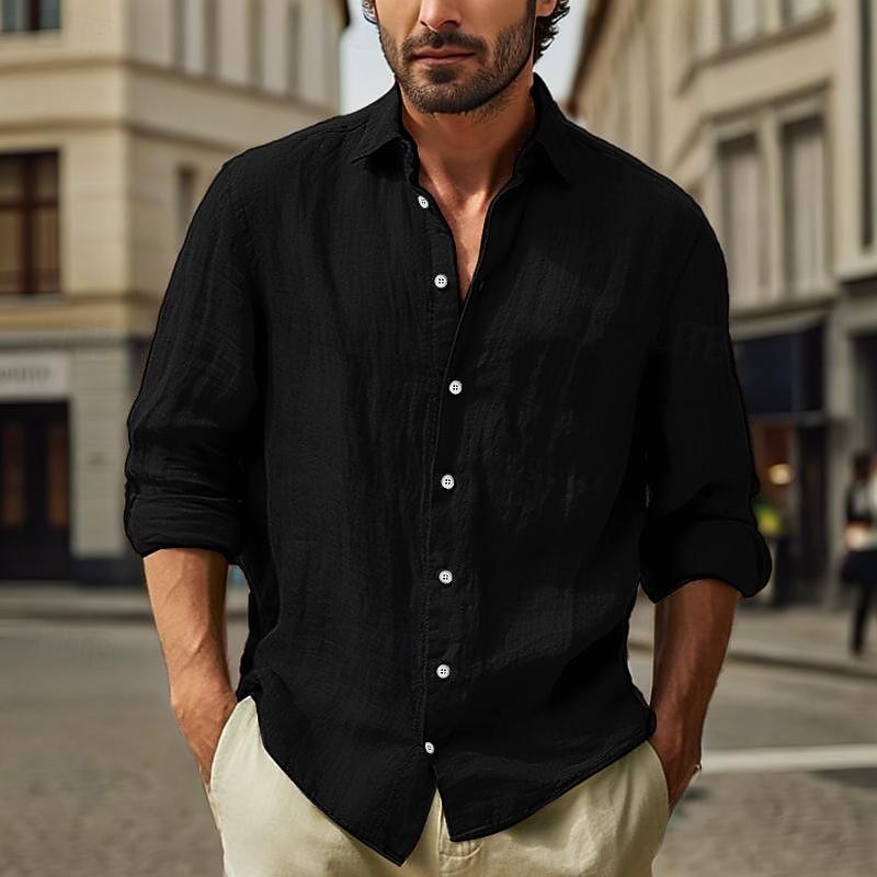 Men's Cotton Linen Shirt Plain Vacation Black White Pink Sky Blue Long Sleeve Turndown Clothing Apparel3
