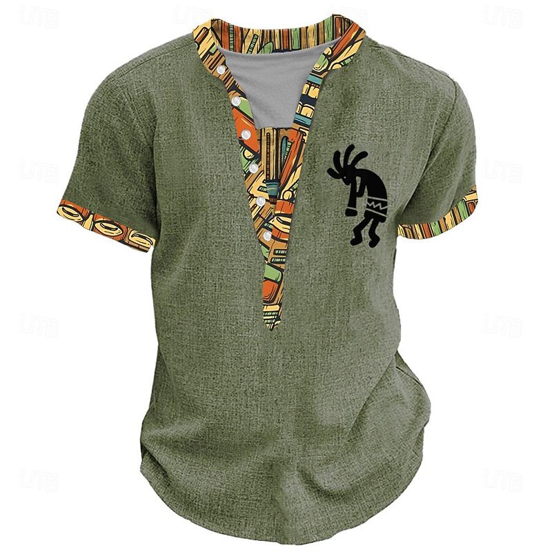 Kokopelli Tribal Bandana Print Men's Ethnic 3D Print T shirt Tee Henley Shirt Casual Daily Holiday T shirt Yellow Green Khaki Short Sleeve Henley Shirt Summer Spring Clothing Apparel S M L XL XXL 3XL