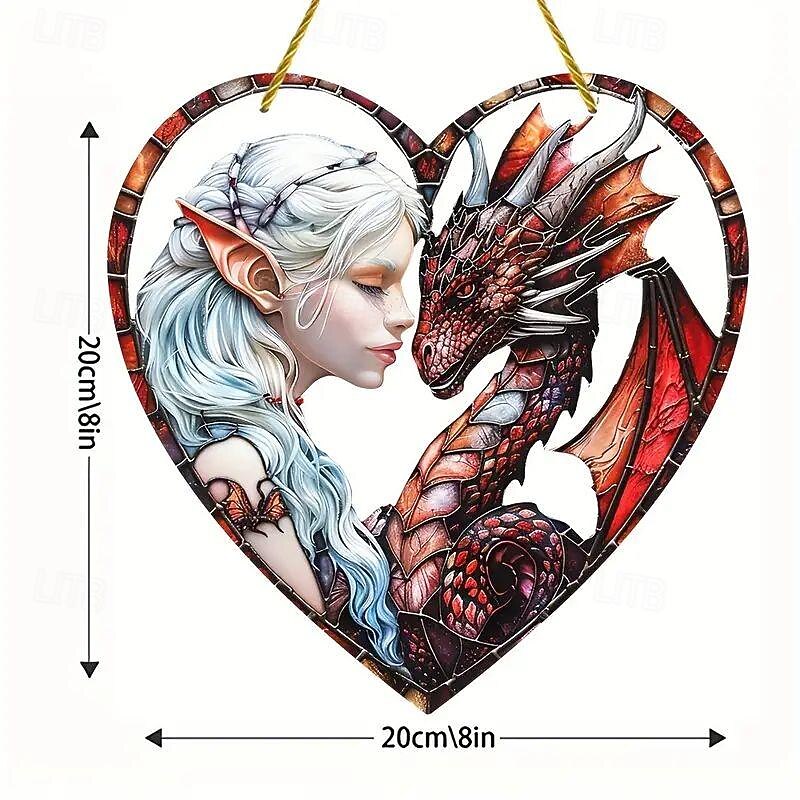 Dragon Girl Heart-Shaped Acrylic Sign - Sun Catcher & Shade Stained Glass Window Hanging Perfect Gift For Mom & Friends Colorful Wall Art For Garden Porch Home Decor (8X8cm)2