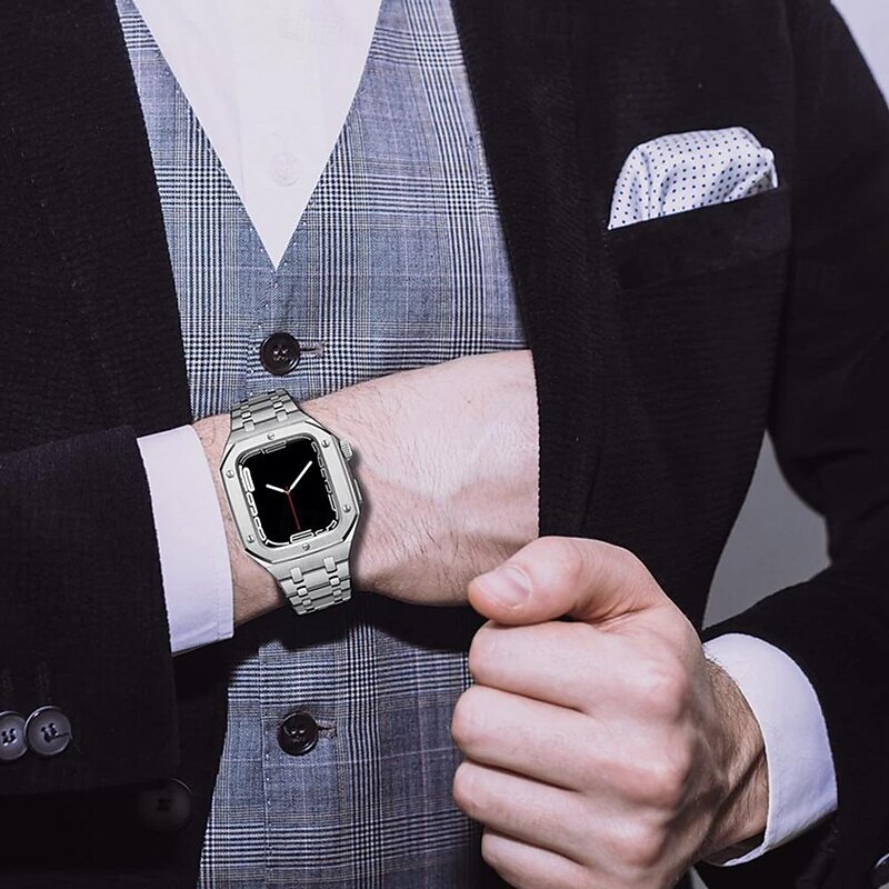 Link Bracelet Compatible with Apple Watch band 44mm 45mm with Case Luxury Butterfly Buckle Stainless Steel Strap Replacement Wristband for iwatch Series 8 7 6 5 4 SE2