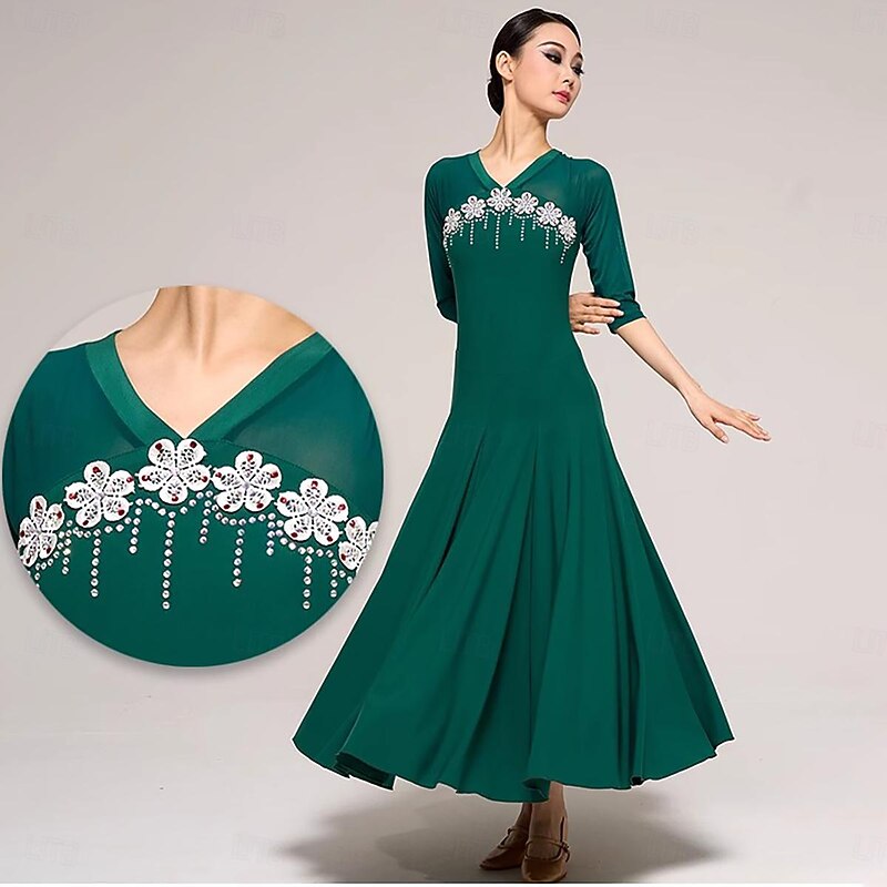 Ballroom Dance Dress Rhinestone Pure Color Splicing Women's Performance Party 3/4 Length Sleeve Crystal Cotton4