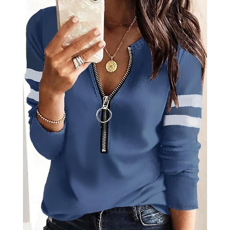 Women's T shirt Long Sleeve Quarter Zip Long Sleeve Casual Zip Up Sweatshirt Sweatshirt Pullover Sports Basic Textured Waffle Street V Neck Half Zip Black White Red Blue Gray Fall & Winter Prefall4