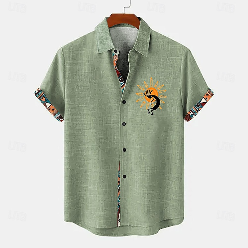 Men's Shirt Linen Shirt Summer Hawaiian Shirt Retro Shirts Vintage Shirt Ethnic Shirt Daily Light Green Blue Sky Blue Brown Short Sleeve Turndown Summer Spring Clothing Apparel4
