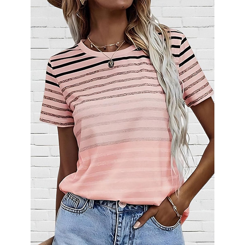 Women's T Shirt Casual Striped Print Short Sleeve Regular Tops Crew Neck Daily Pink Blue Purple Summer
