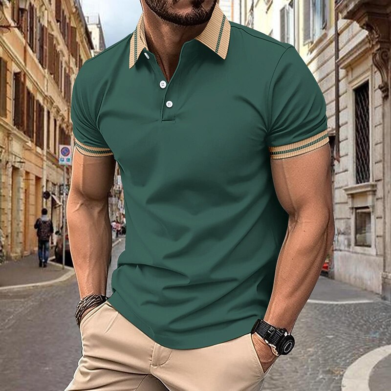 Men's Golf Shirt Golf Polos Shirts Work Casual Lapel Short Sleeve Basic Modern Color Block Patchwork Buttons Spring & Summer Regular Fit Black White Wine Army Green Navy Blue Blue Golf Shirt3