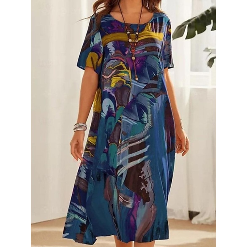 Women's Abstract Print Crew Neck Midi Dress Casual Daily Short Sleeve Summer 6