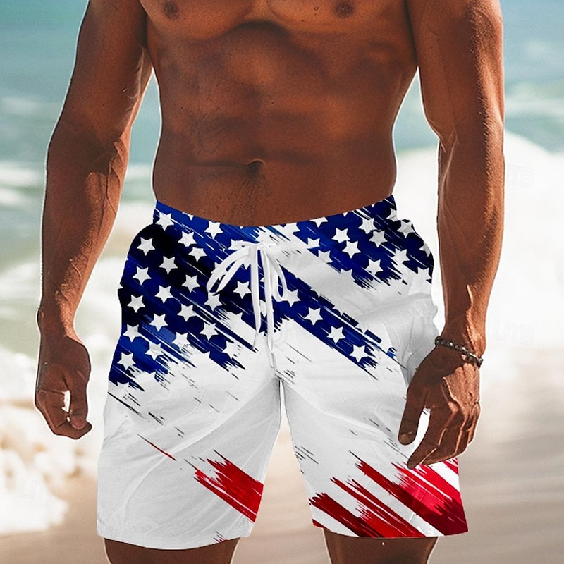 Men's Flag American Flag National Flag Board Shorts Swimming Trunks Shorts Mid Waist Fashion Streetwear Hawaiian Casual Daily Holiday Drawstring Pocket Elastic Waist Designer Clothing Apparel
