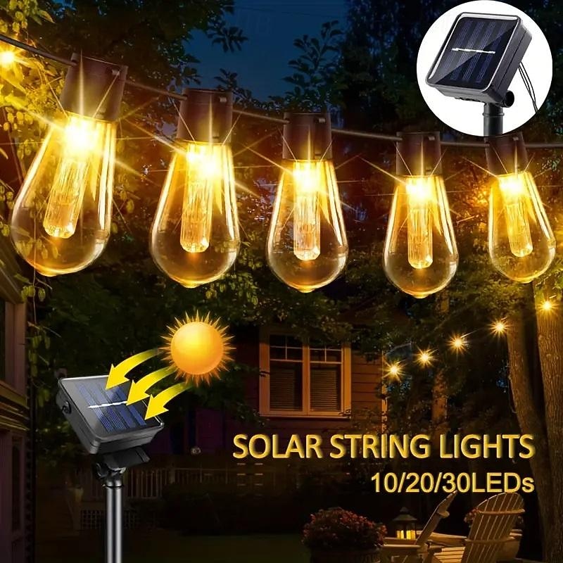 Solar Vintage Bulb String Lights, Christmas Waterproof Fairy Lights with 10/20/30 LED Shatterproof Bulbs & 8 Twinkle Modes for Holiday,Xmas, Wedding & Camping Decor
