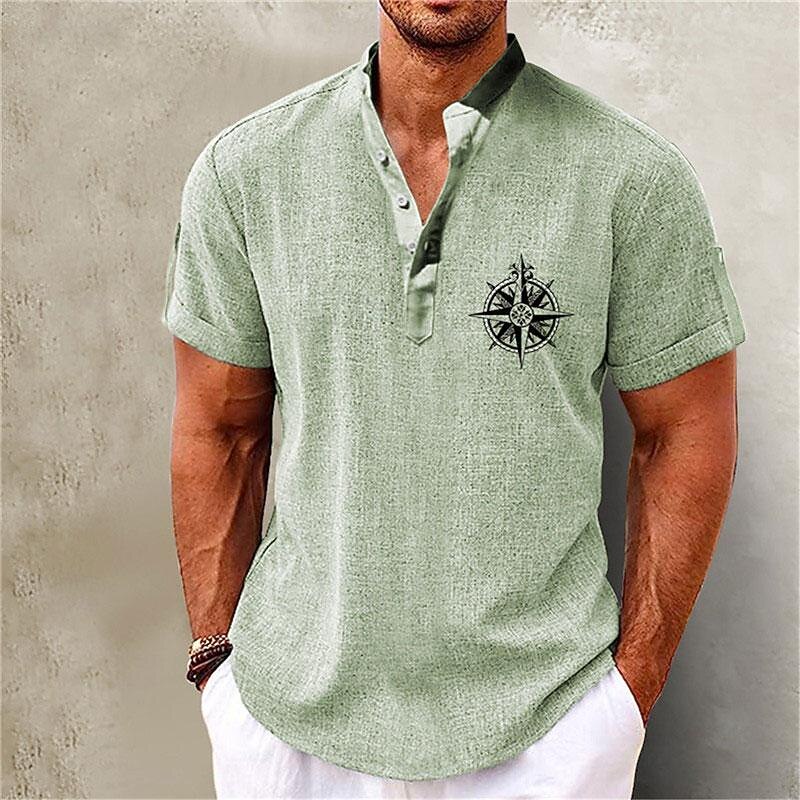 Men's Shirt Linen Shirt Beach Shirt Graphic Prints Outdoor Vacation Pink Green Khaki Gray Short Sleeve Stand Collar Summer Spring Clothing Apparel Print3