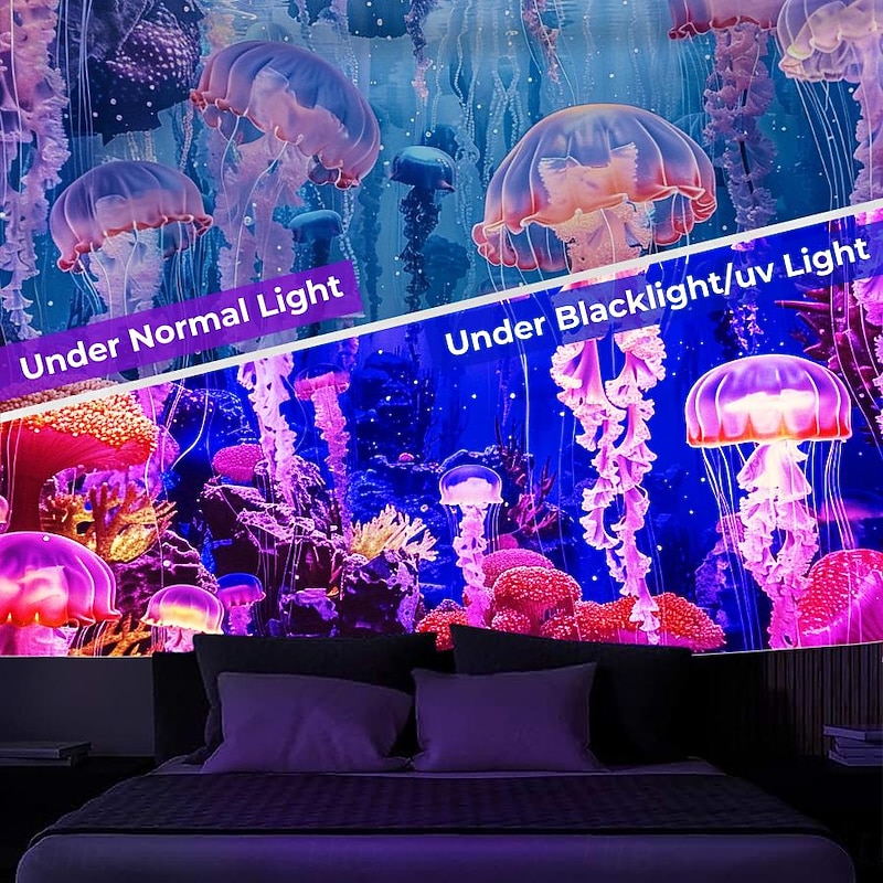 Blacklight Tapestry UV Reactive Glow in the Dark Glow Party Neon Jellyfish Fantasy Undersea Nature Psychedelic Trippy Misty Hanging Tapestry Wall Art Mural for Living Room Bedroom3