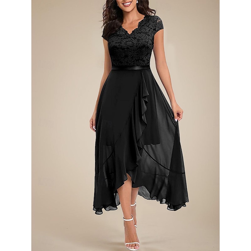 Women's Maxi Dress Lace Dress Cocktail Dress Wedding Guest Dress Chiffon Dress Elegant Formal Wedding Guest Cocktail Party Regular Fit Short Sleeve V Neck Black Pink Red Navy Blue Summer4