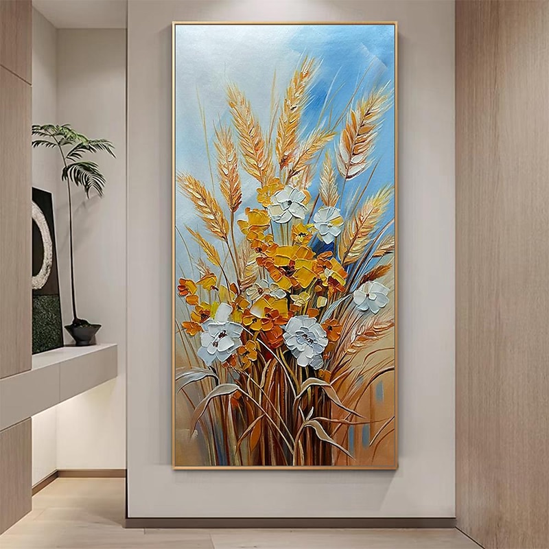 Mintura Handmade Wheat Ears And Flowers Oil Paintings On Canvas Wall Art Decoration Modern Abstract Pictures For Home Decor Rolled Frameless Unstretched Painting