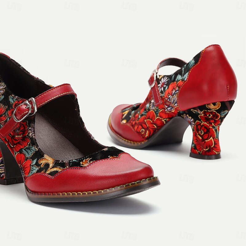 Elegant Vintage Gatsby Red Floral Embroidered Mary Jane Pumps with Chunky Heels-Stylish Women's Dress Shoes3