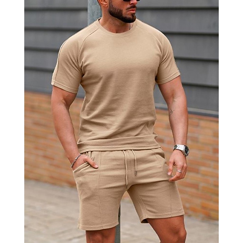 Men's T-shirt Suits 2 Pieces Outfits Tee & Shorts Short Sleeve Crew Neck Summer Plain Fashion Casual 2 Piece Vacation Daily Wear Going out White Pink Green Top Tee for Men 5
