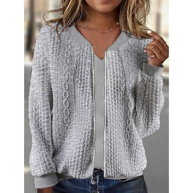 Women's Casual Jacket Textured Jackets Vacation Daily Wear Spring Fall Regular Coat Regular Fit Thermal Warm Breathable Stylish Contemporary Modern Style Jacket Long Sleeve Solid Color Full Zip Black2