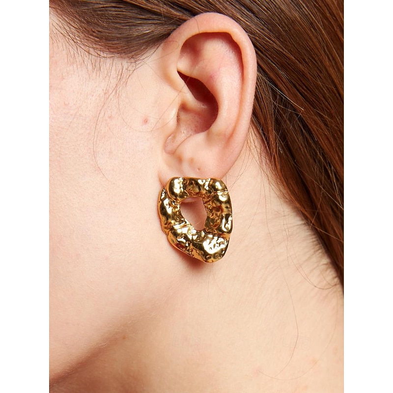 Gold Textured Stainless Steel Earrings - Unique Sculptural Hollow Design for Women