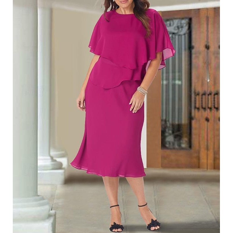 A-Line Mother of the Bride Dress Wedding Guest Elegant Plus Size Jewel Neck Tea Length Chiffon Short Sleeve with Ruffles free custom size4