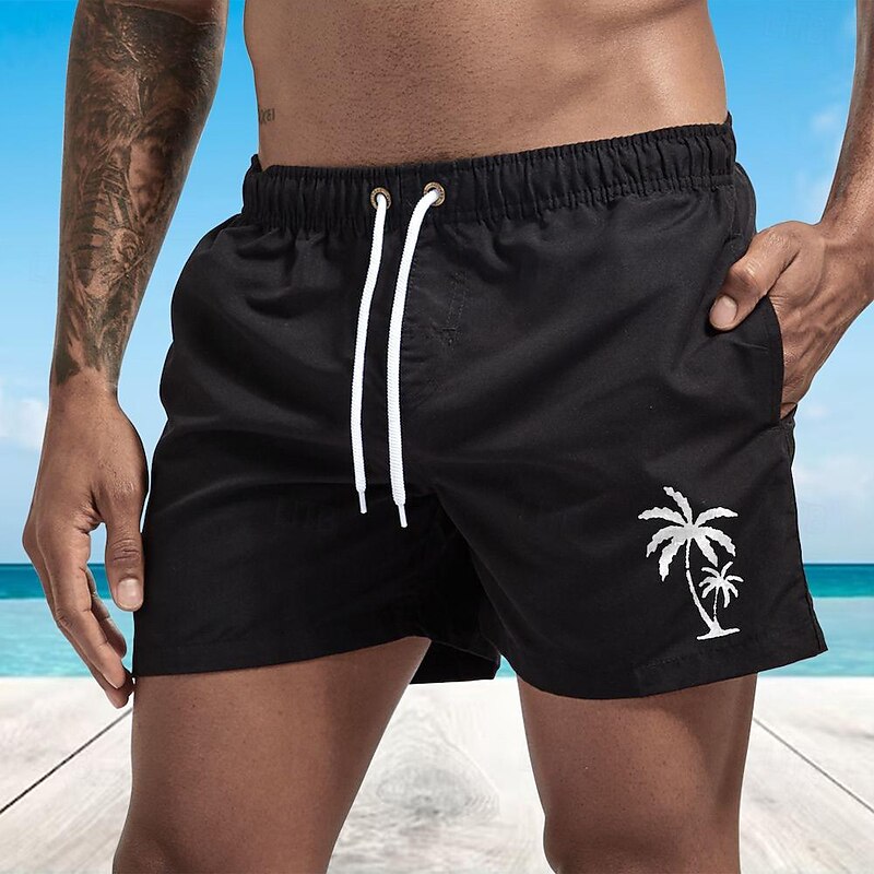 Men's Board Shorts Swim Shorts Swim Trunks Drawstring with Mesh lining Elastic Waist Coconut Tree Comfort Quick Dry Short Holiday Beach Weekend Fashion Casual Black White Micro-elastic2