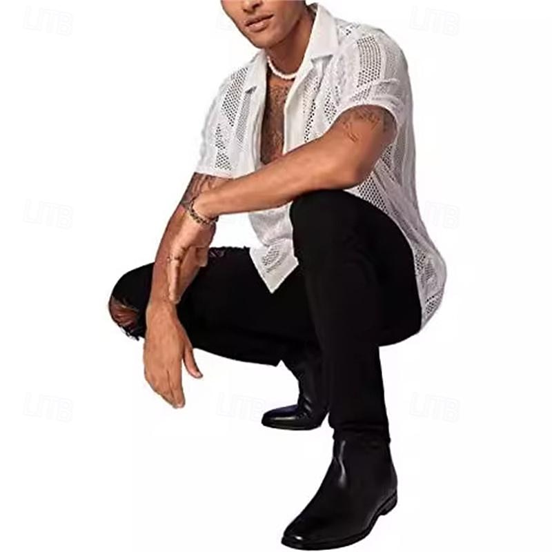 Men's Shirt Summer Shirt Mesh Shirt Sheer Shirt Sheer Blouse Black White Short Sleeve Plain Camp Collar Vacation Hawaiian Hole Clothing Apparel Polyester Fashion Casual Comfortable3