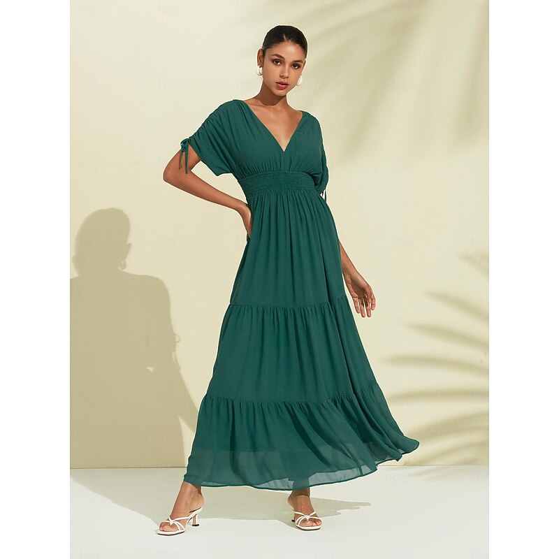 Women's Chiffon Green Halter V Neck Tie Back Smock Maxi Dress3