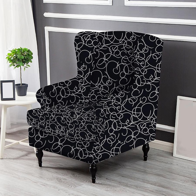 Wingback Chair Cover Geometric Printed Polyester Slipcovers 2X