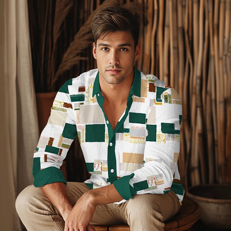 Men's Button Up Shirt Long Sleeve Artistic Casual Daily Summer Fold-over Collar Green