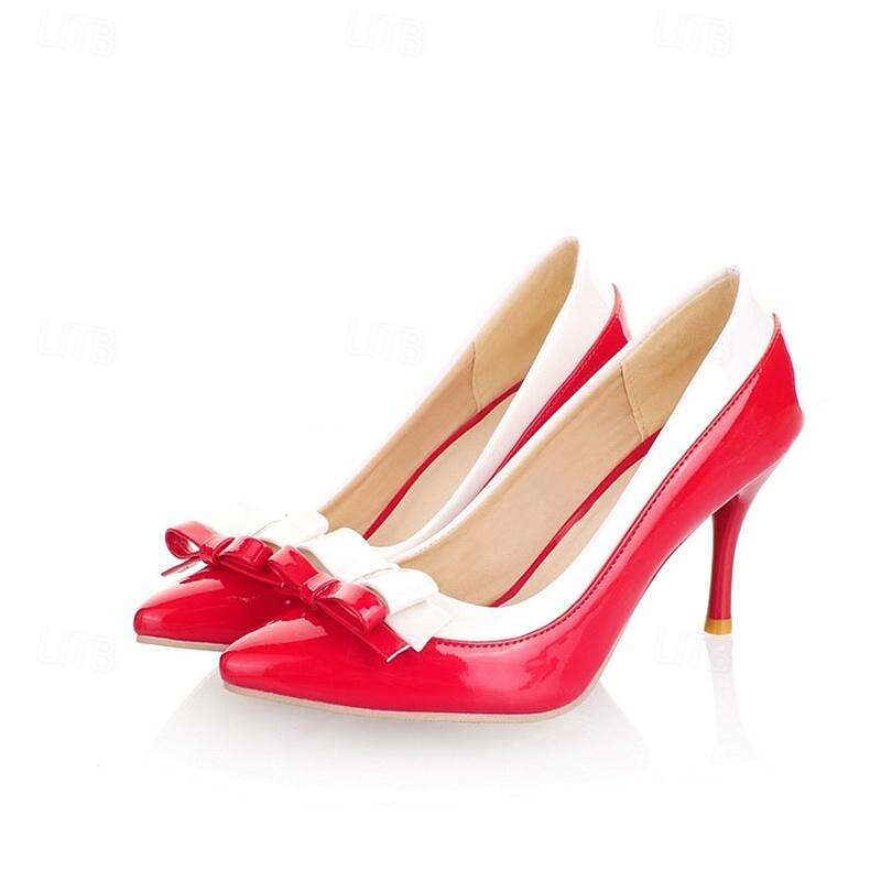 Women's Heels Daily Bowknot Stiletto Pointed Toe Cute Patent Leather PU Loafer Black Red4