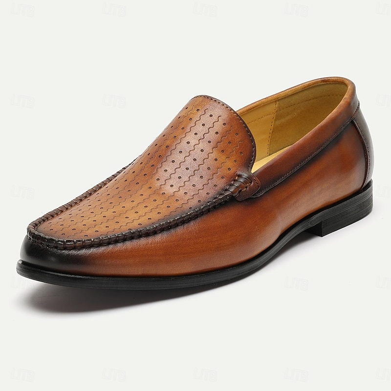 Men's Breathable Perforated Leather Loafers - Premium Cowhide Slip-On Shoes for Casual and Business Wear2