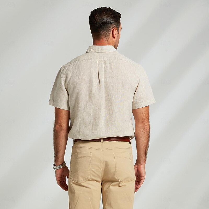 Men's 100% Linen Shirt Casual Shirt khaki Short Sleeve Solid Color Turndown Outdoor Sports & Outdoor Button Clothing Apparel Vacation Neutral Daily Sports & Outdoors4