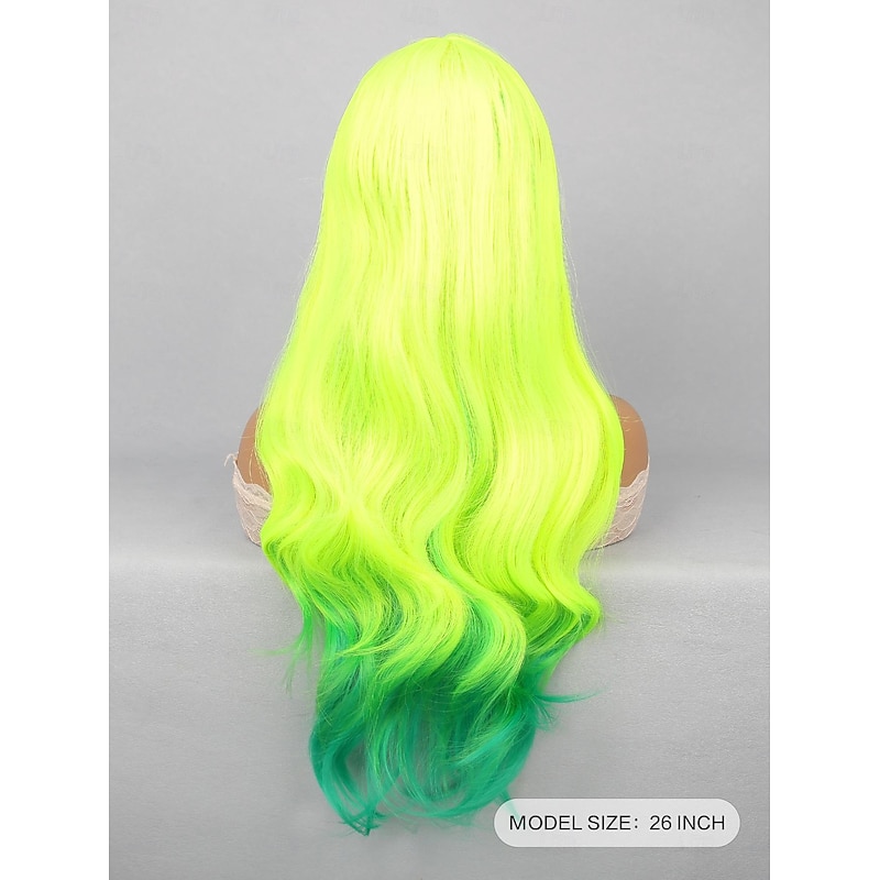 Synthetic Wig Deep Wave Neat Bang Wig 26 inch fluorescent green Synthetic Hair Women Green3