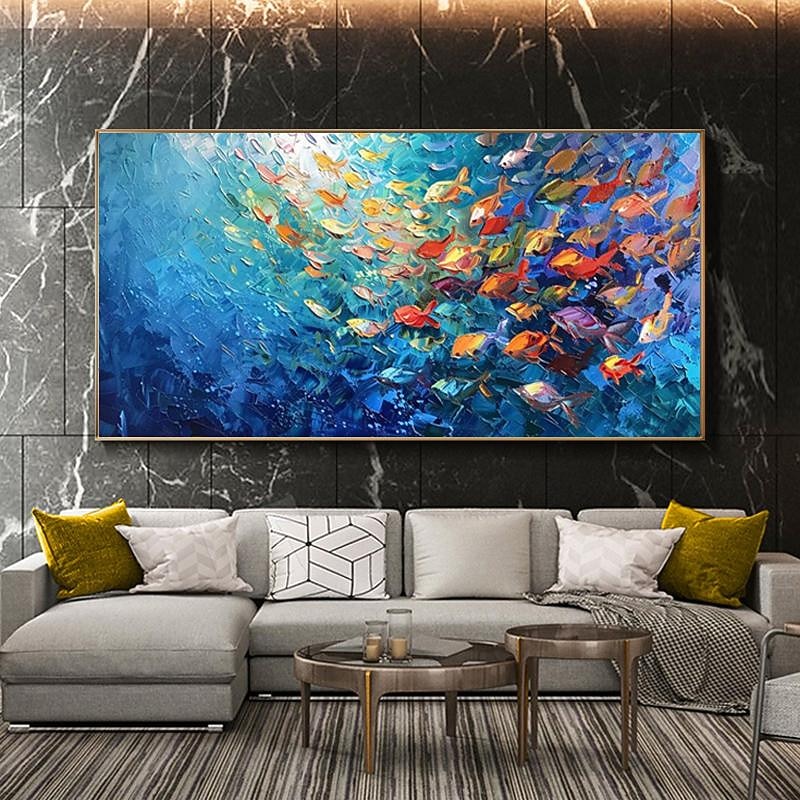 Handmade Original Swimming Fishes Blue Ocean Oil Painting On Canvas Extra Large Wall Art Abstract Fish Art Custom Painting Minimalist Living Room Decor Gift No Frame3