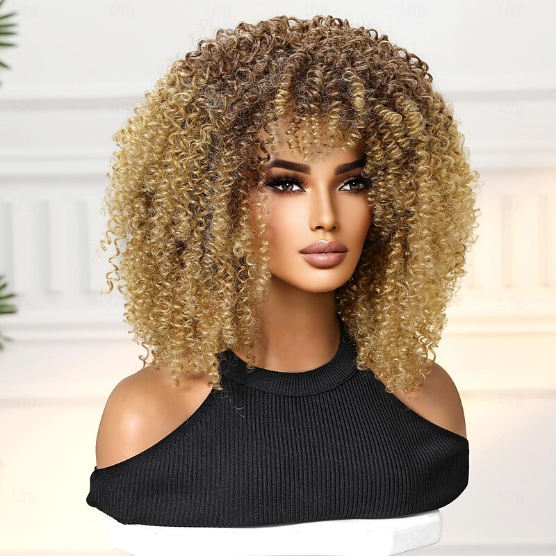 Synthetic Wig Uniforms Career Costumes Princess Curly Tight Curl Middle Part Layered Haircut Machine Made Wig 14 inch Light Brown Synthetic Hair Women's Cosplay Party Fashion Light Brown3