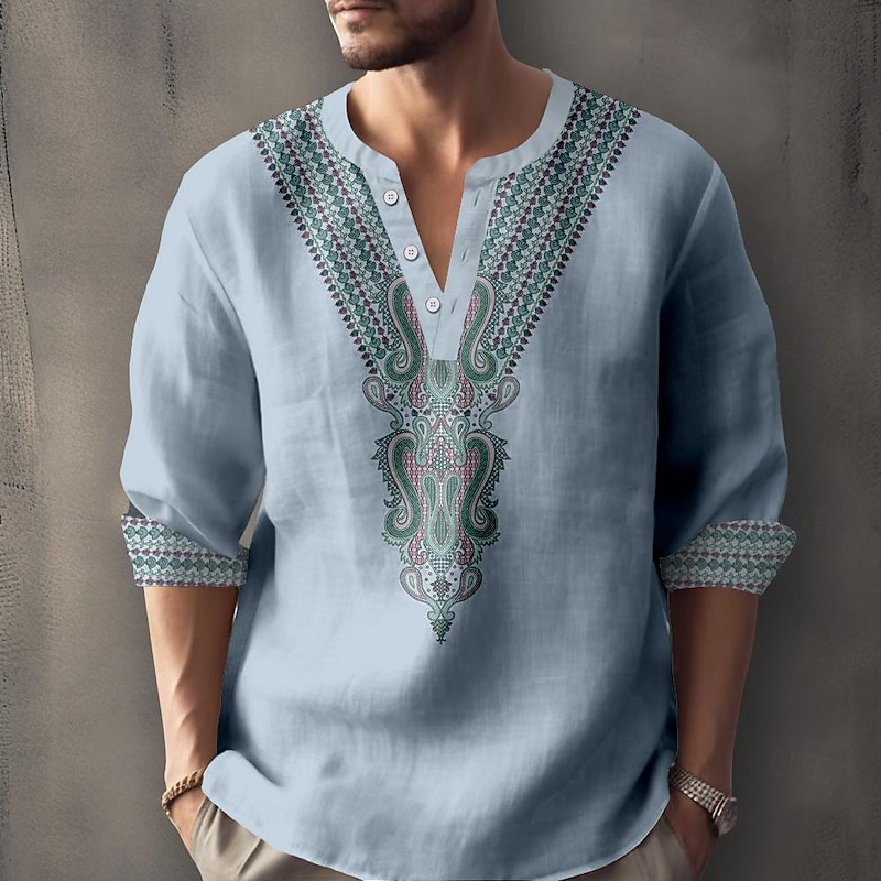 Men's Ethnic Shirt Button Up Shirt Henley Shirt Long Sleeve Casual Tribal Vacation Daily Summer Spring Fall Collarless V Neck Print Blue Khaki