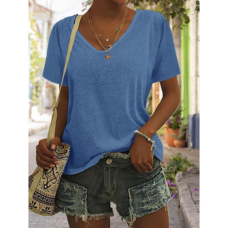 T shirt Tee Women's White Blue Green Plain Sexy Street Daily Fashion V Neck Regular Fit S