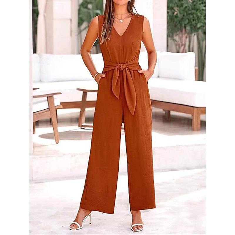 Women's Normal Jumpsuit Elegant Solid Color Sleeveless V Neck Lace up Pocket Office Business Regular Fit Black Wine Army Green Summer - Main Image