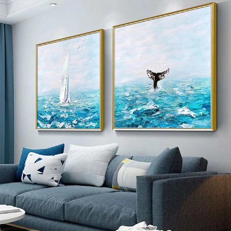 Sea Landscape White Boat Painting hand painted Navy Blue Orange Textured Landscape Painting On Canvas for  Living room Modern Wall Art Sky Painting for living room artwork painting4