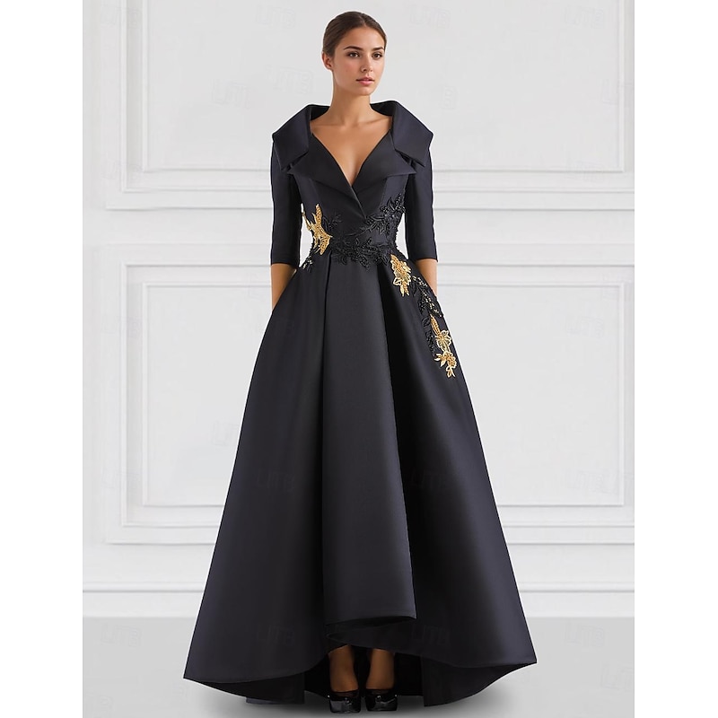 Black A-Line Evening Gown Vintage Embroidered Elegant Dress Tuxedo Dress Formal Floor Length Long Sleeve V Neck Pocket Satin with Beading Appliques