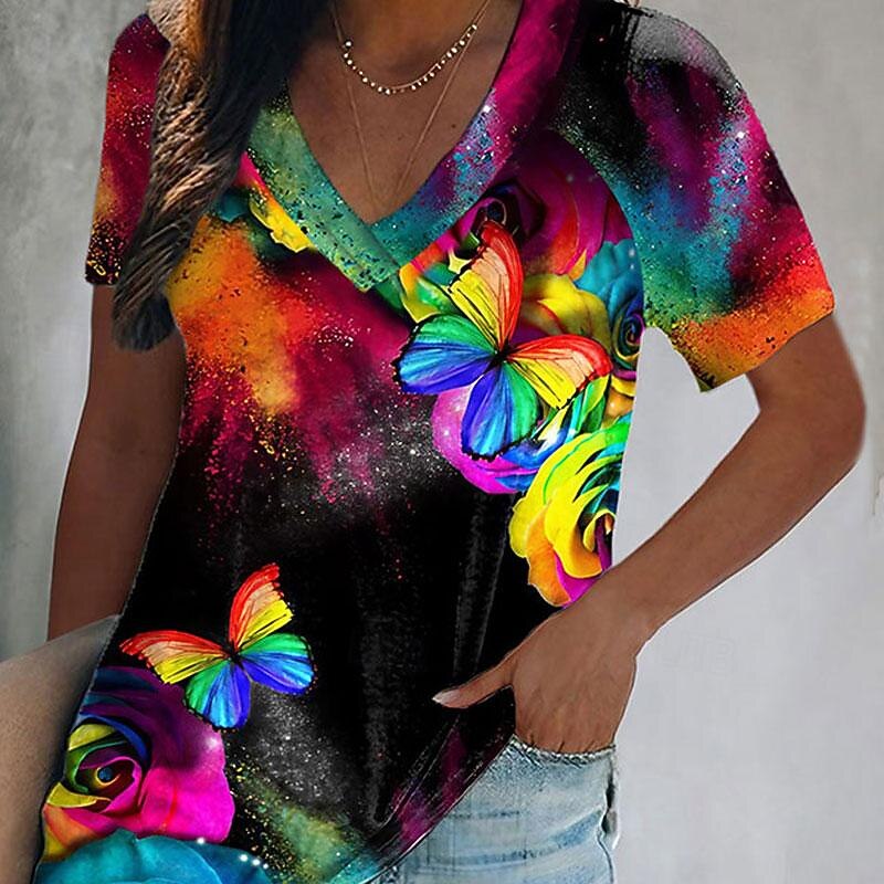 Women's T Shirt Basic Butterfly Print Short Sleeve Regular Tops V Neck Daily Weekend Yellow Blue Light Blue Summer3