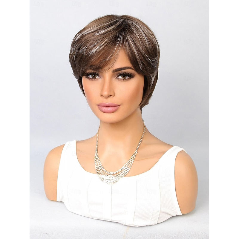 Synthetic Wig Natural Straight Short Bob Side Part Wig 10 inch Brown / White Synthetic Hair Women's Multi-color2