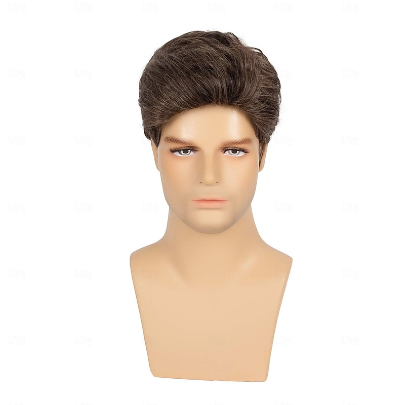 Brown Wigs for Men Short Layered Cosplay Costume Party Natural Hair for Male Guy Synthesis Full Wig (Brown)2