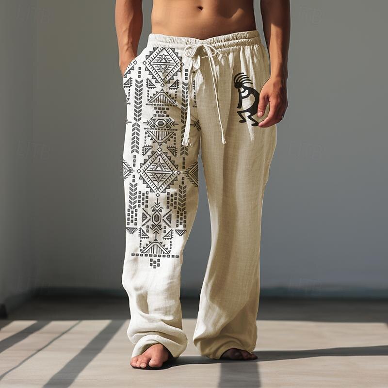 Men's Animal Grid / Plaid Geometric Pattern Linen Pants Baggy Pants Mid Waist Vintage Ethnic Style Casual Outdoor Streetwear Elastic Waist Spring &  Fall Fall & Winter Blue Green Khaki2