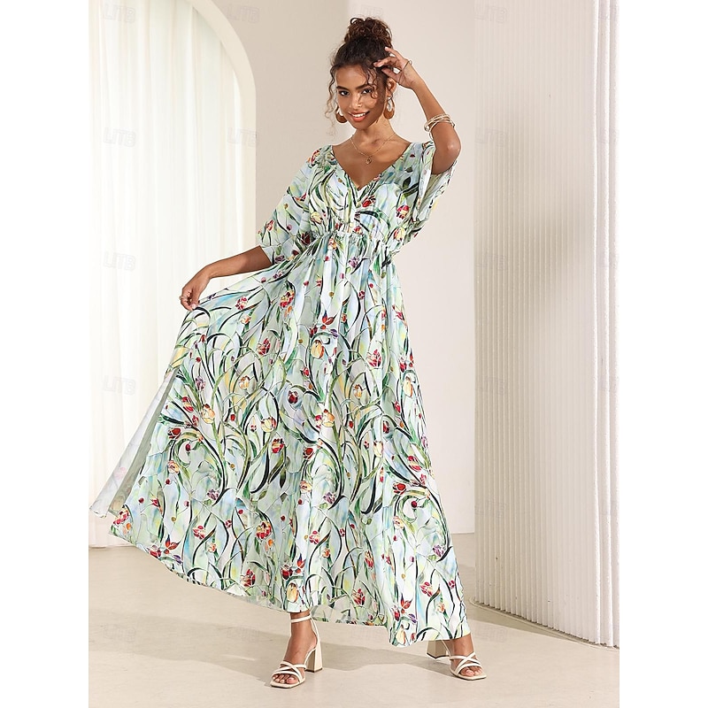 Women's Midi Dress Swing Dress A Line Dress Summer Dress Elegant Bohemia Tropical Flutter Sleeve Vacation Daily Date Loose Fit Floral Short Sleeve V Neck Blue Green Summer4