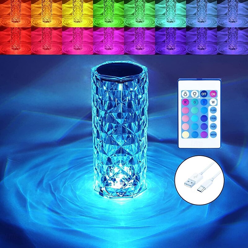 Crystal Table Lamp 16 Colors with Remote Control, Valentines RGB Color Changing Night Light Crystal Rose Diacmond Shape Touch Light Bedroom Living Room Holiday Atmosphere Decoration Birthday Gift2