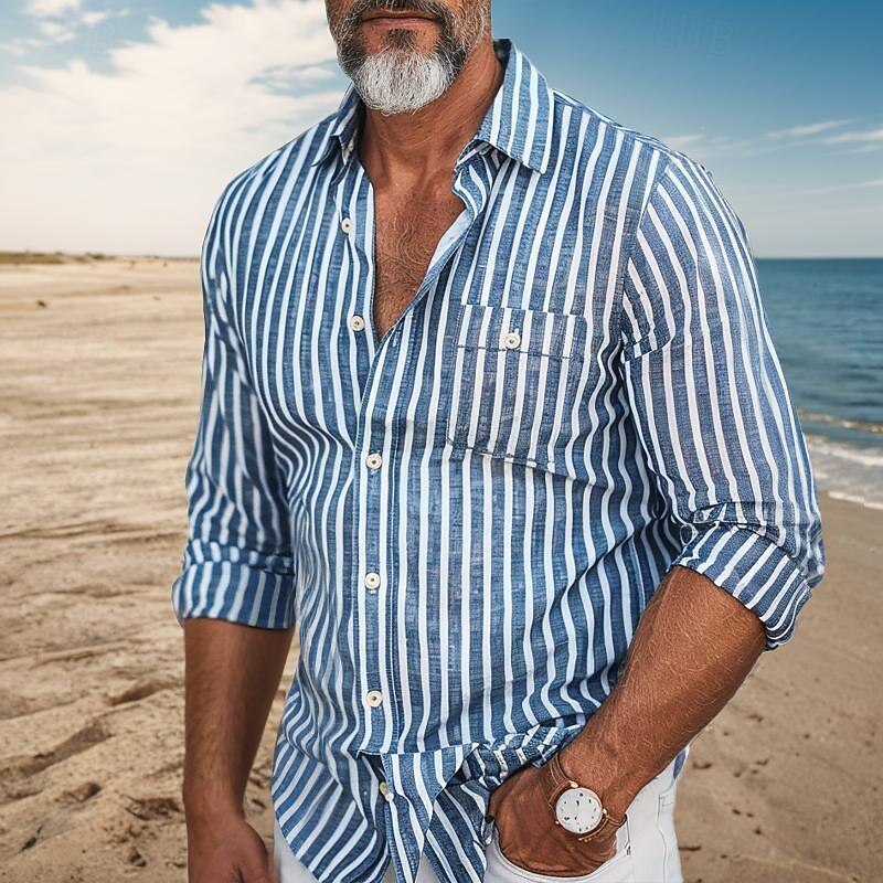 Men's Shirt Summer Shirt Casual Shirt Beach Shirt Button Up Shirt Striped Shirts Blue Long Sleeve Stripes Turndown Vacation Hawaiian Pocket Clothing Apparel Polyester Fashion Casual Comfortable